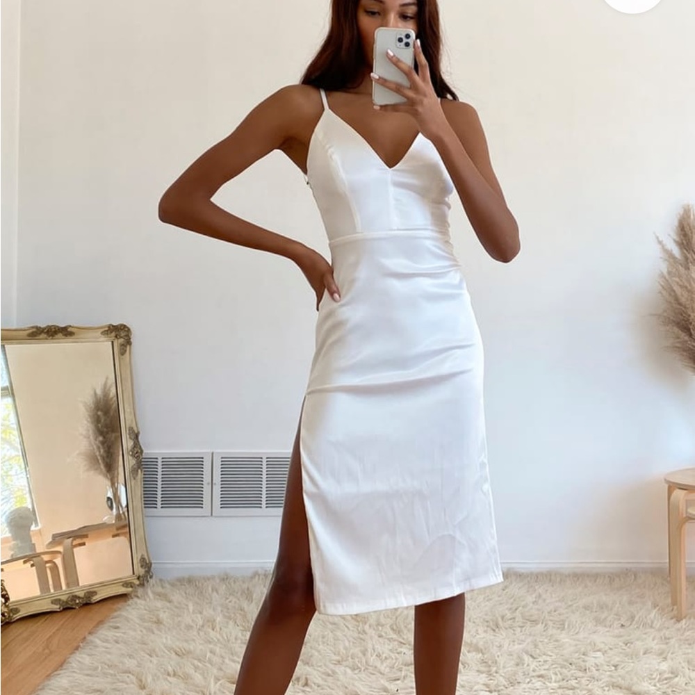 Stunning Sight White Embroidered Lace Satin Midi Dress